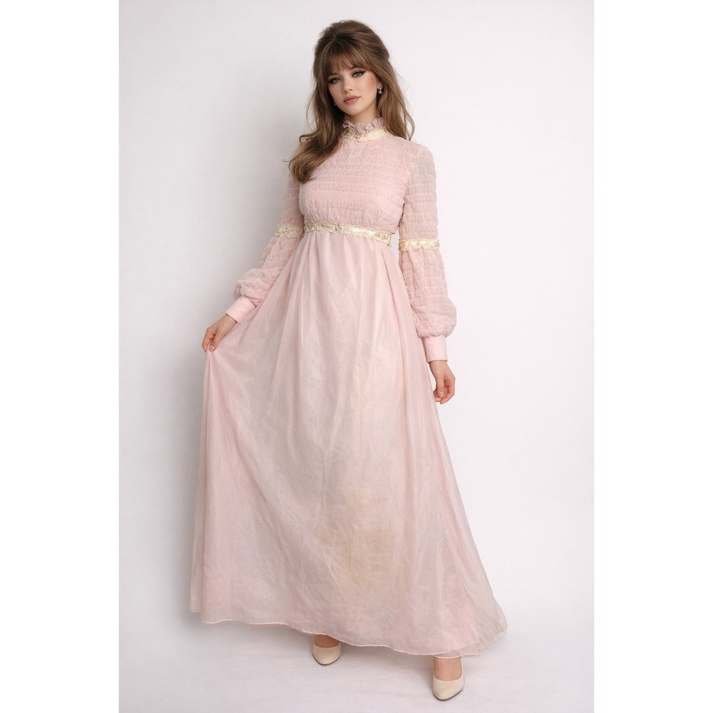 Vtg 70s Pink Prairie Dress Lace High Neck Boho Maxi B31" DAMAGED/STAINED XXS